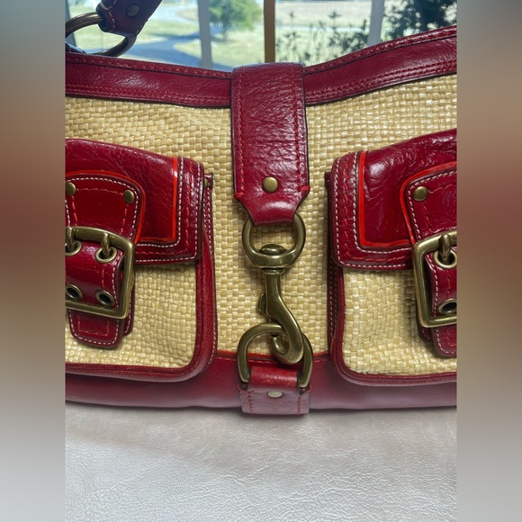 Coach Y2K Legacy Buckle Straw Shoulder Bag with Red Patent Leather Trim - Picture 5 of 17